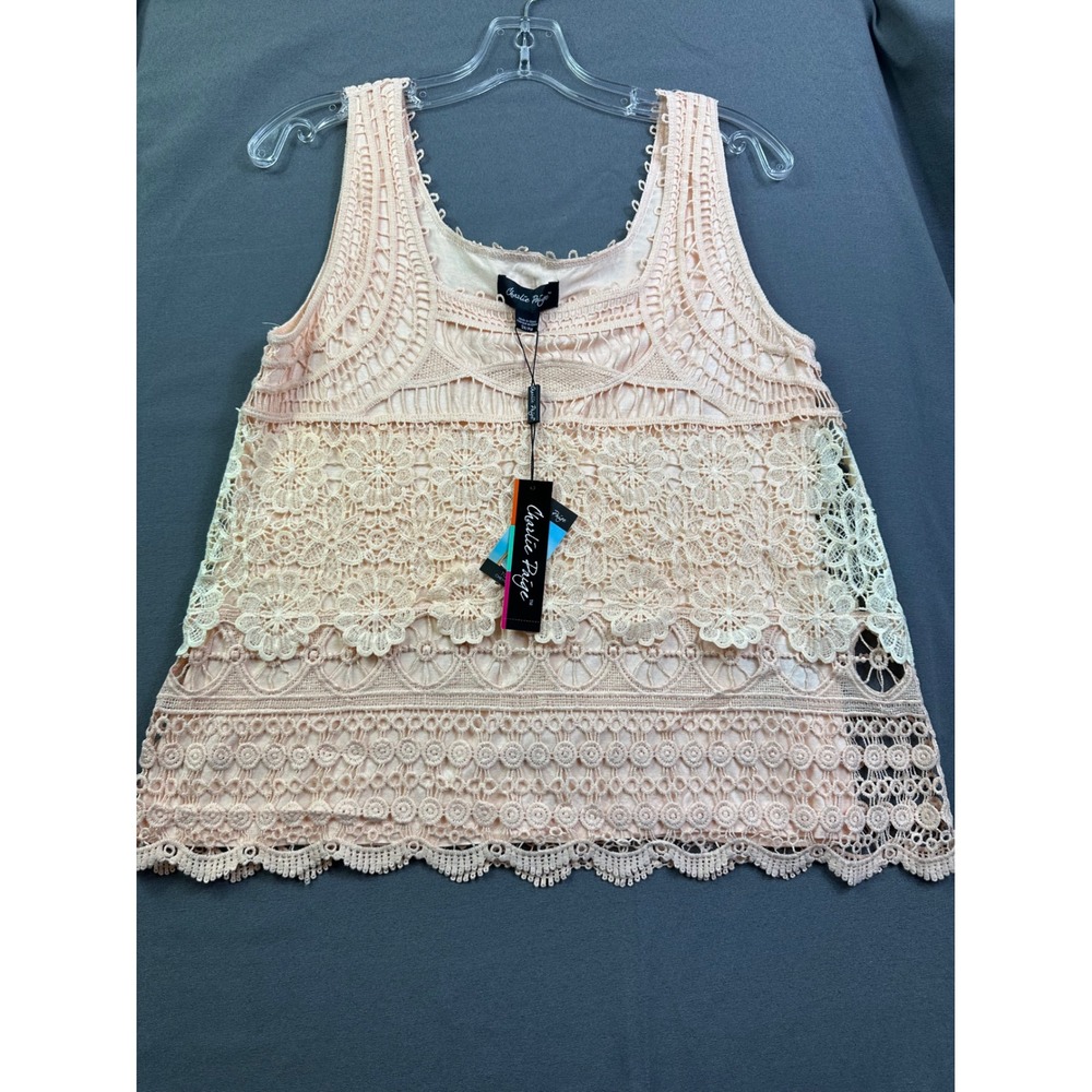 Charlie Paige Lace Tank Top‎ Peach Crochet Chemise Sleeveless Floral 402406 NEW